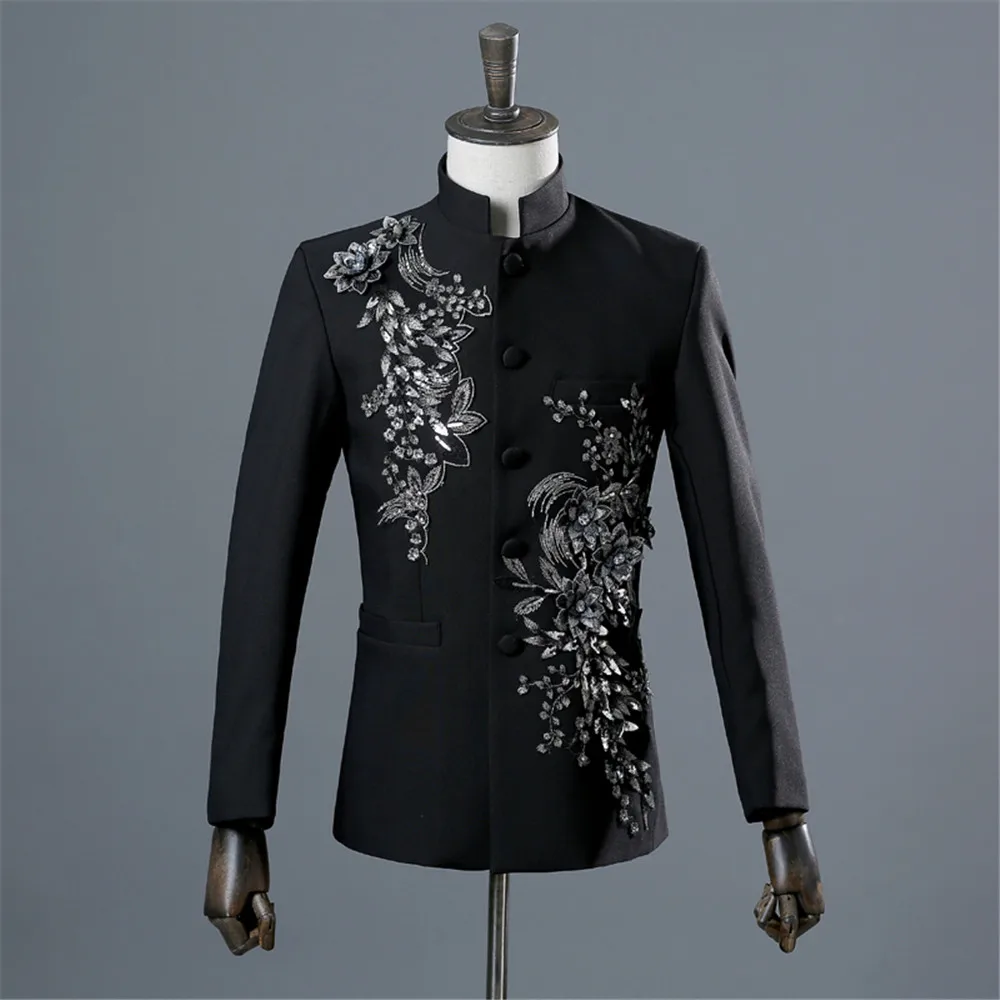 Chinese Tunic Men Mandarin Collar White Black Appliqued Blazer for Wedding Banquet Ceremony 5