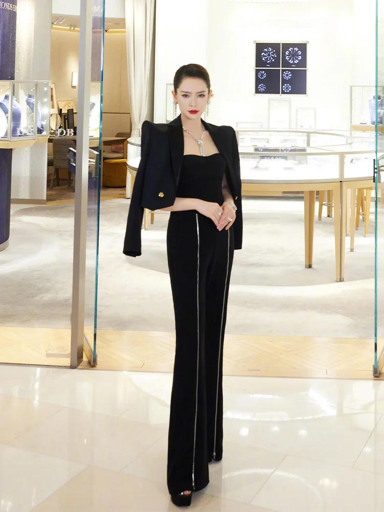 

Qi Wei Star's Same Black Suit Set Women's Spring and Autumn High Waist Straight Tube Wide Leg Pants Short Style Temperament Suit