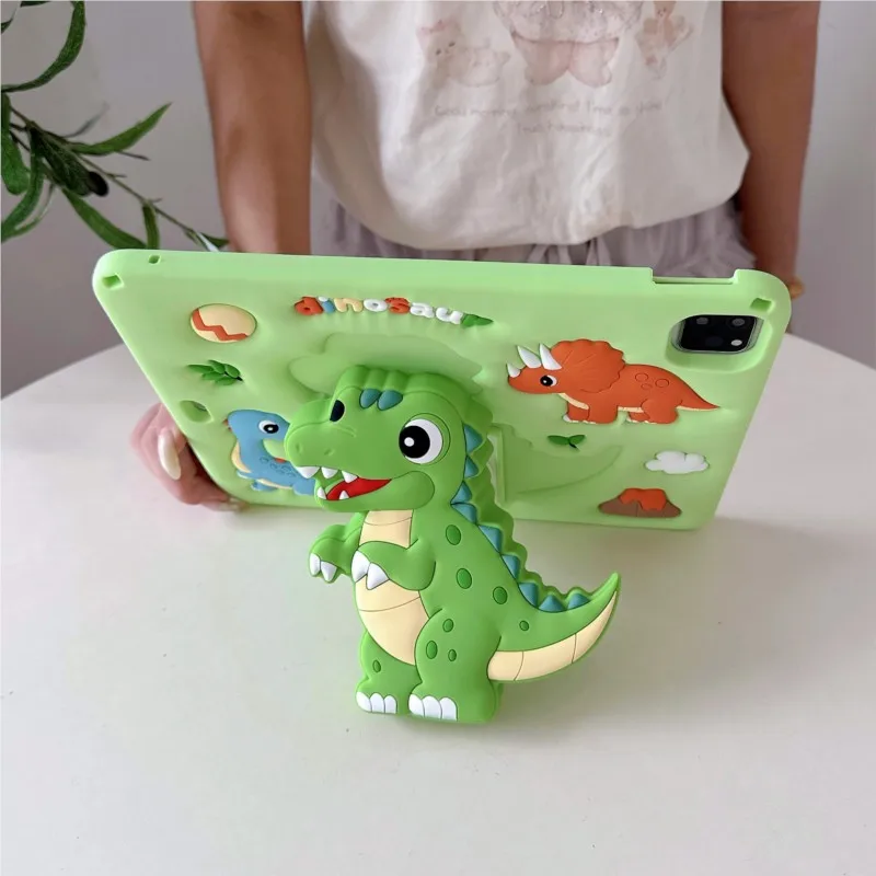 3D Dinosaur Silicone Shockproof Kids Carry Case with Stand and Shoulder Strap
