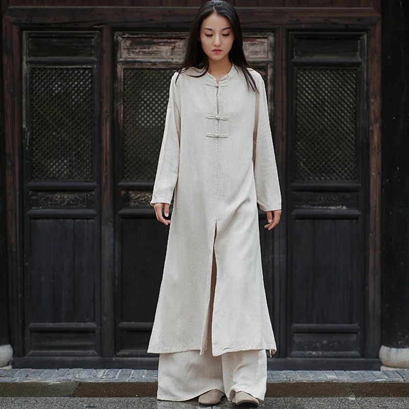 Women Chinese Traditional Tang Suit Cotton Linen Robe Pants 2pcs Set Wide Leg Trouser Long Kung Fu Tai Chi Uniform Set