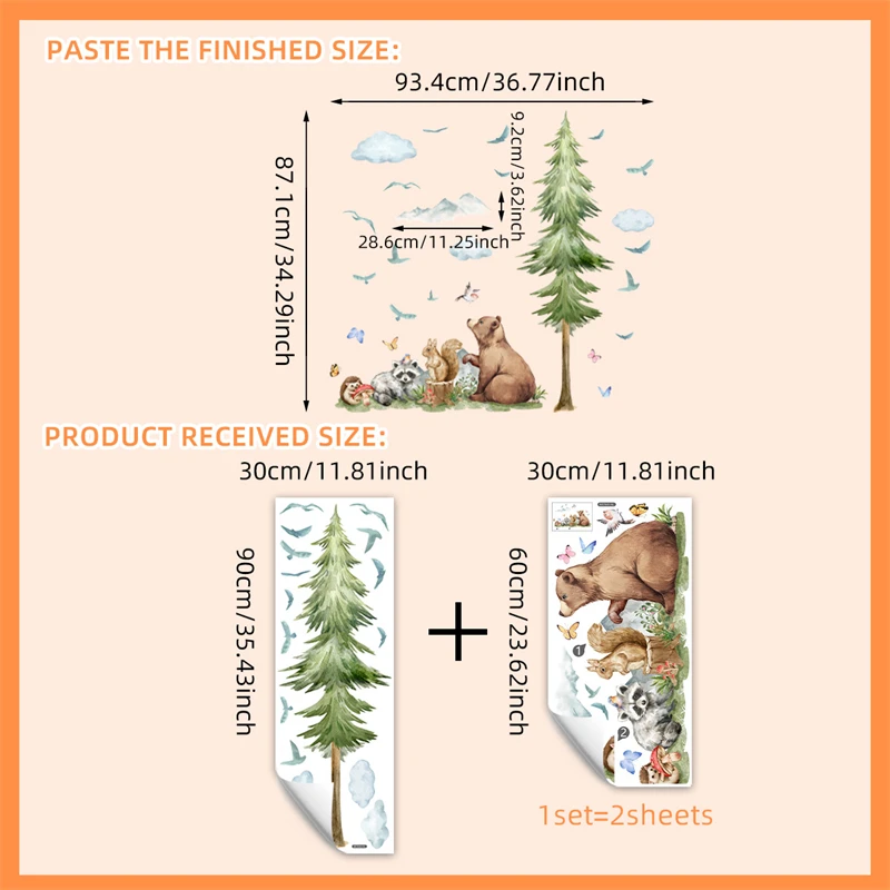 Wall Stickers Vinyl Decal Stickers Cartoon Forest Animal Bear Pine Tree Wall Stickers for Kids Room Baby Living Room Bedroom Decoration Woodland Deer Wall Decal