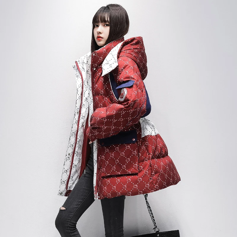 

Зимнее пуховое пальто для женщин, новинка 2023, парки, пуховая куртка с капюшоном, новая теплая верхняя одежда, корейские модные топы с принтом