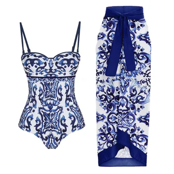 Women Swimwear Blue Suspenders Swimsuit Two-piece set Summer Print Bodysuit Bikini Set Beach Style Wear Maxi Dress Skirt 1