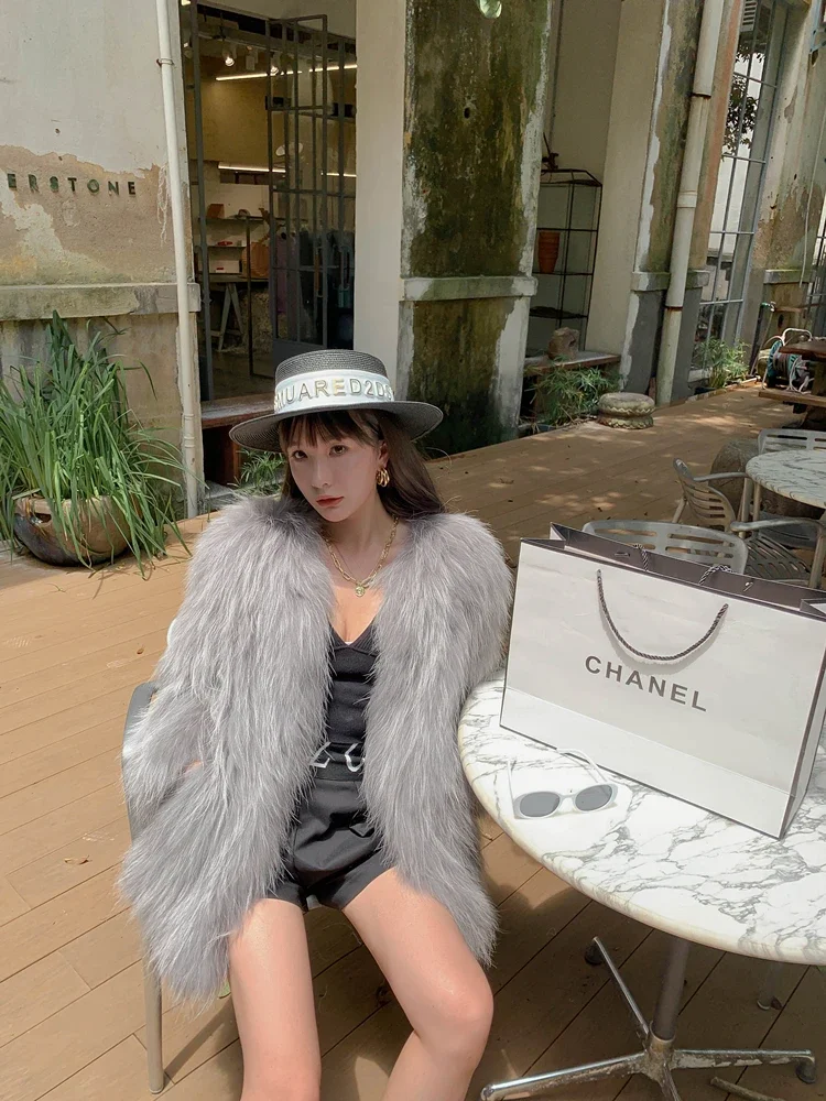 Autumn Winter Double-sided Raccoon Fur Woven Coat for Women Medium Length Thick Encrypted Coat Young Outer Wear Thick Warm Fur