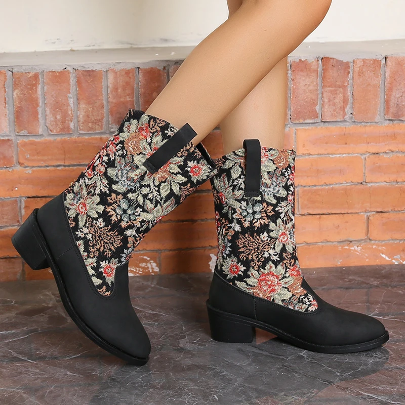 2024 Winter Fashion Women's Chelsea Boots Embroidered Western Cowboy Boots Thick Sole Ethnic Style Long Boots for Women
