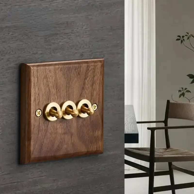 Black Walnut Wood Toggle Light Switch,Home retro Brass Panel,FR UK