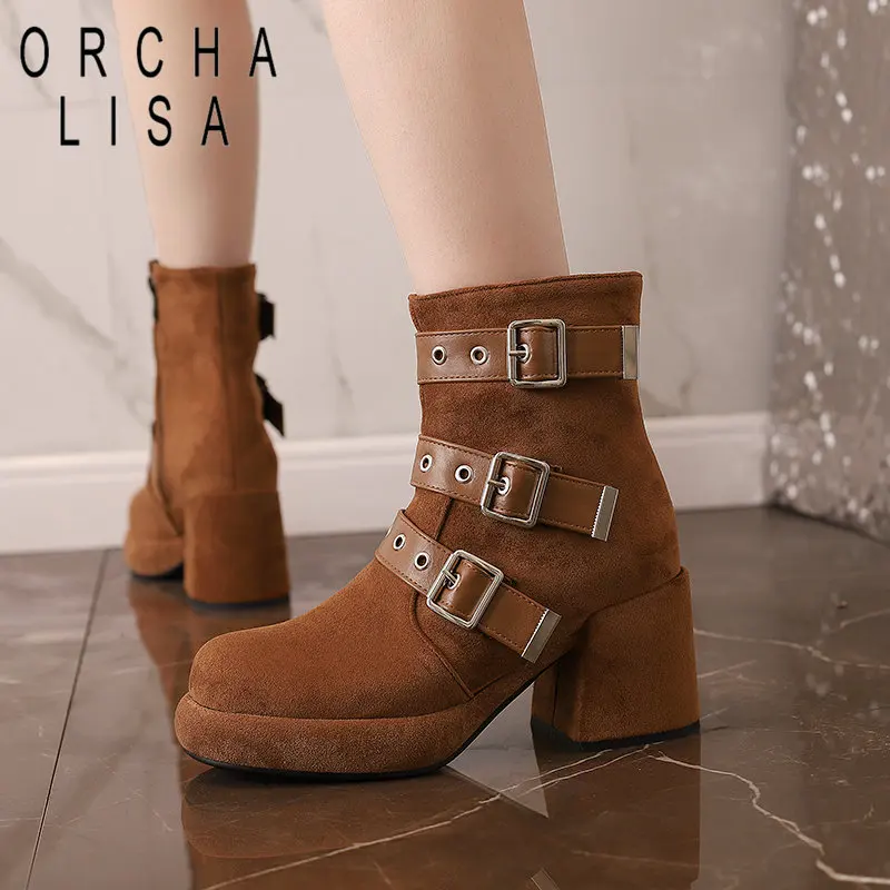 

ORCHA LISA Flock Suede Women Ankle Boots Round Toe Block Heels 8cm Platform 2.5cm Zipper Belt Buckle Big Size 42 43 Casual Bota