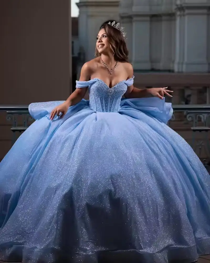 ANGELSBRIDEP Blue Glittering Ball Gown Quinceanera Dresses Vestidos De 15 Anos Beading Bow Formal Birthday Party Customized
