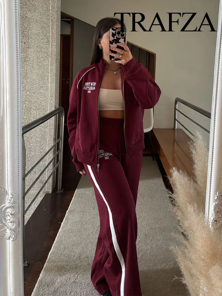 TRAFZA Women's Pant 2-Piece Set Female Fashion Versatile Printed Velvet Zip Jacket+Commuting Elastic Waist Belted Casual Pants 5