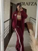 TRAFZA Women's Pant 2-Piece Set Female Fashion Versatile Printed Velvet Zip Jacket+Commuting Elastic Waist Belted Casual Pants 5