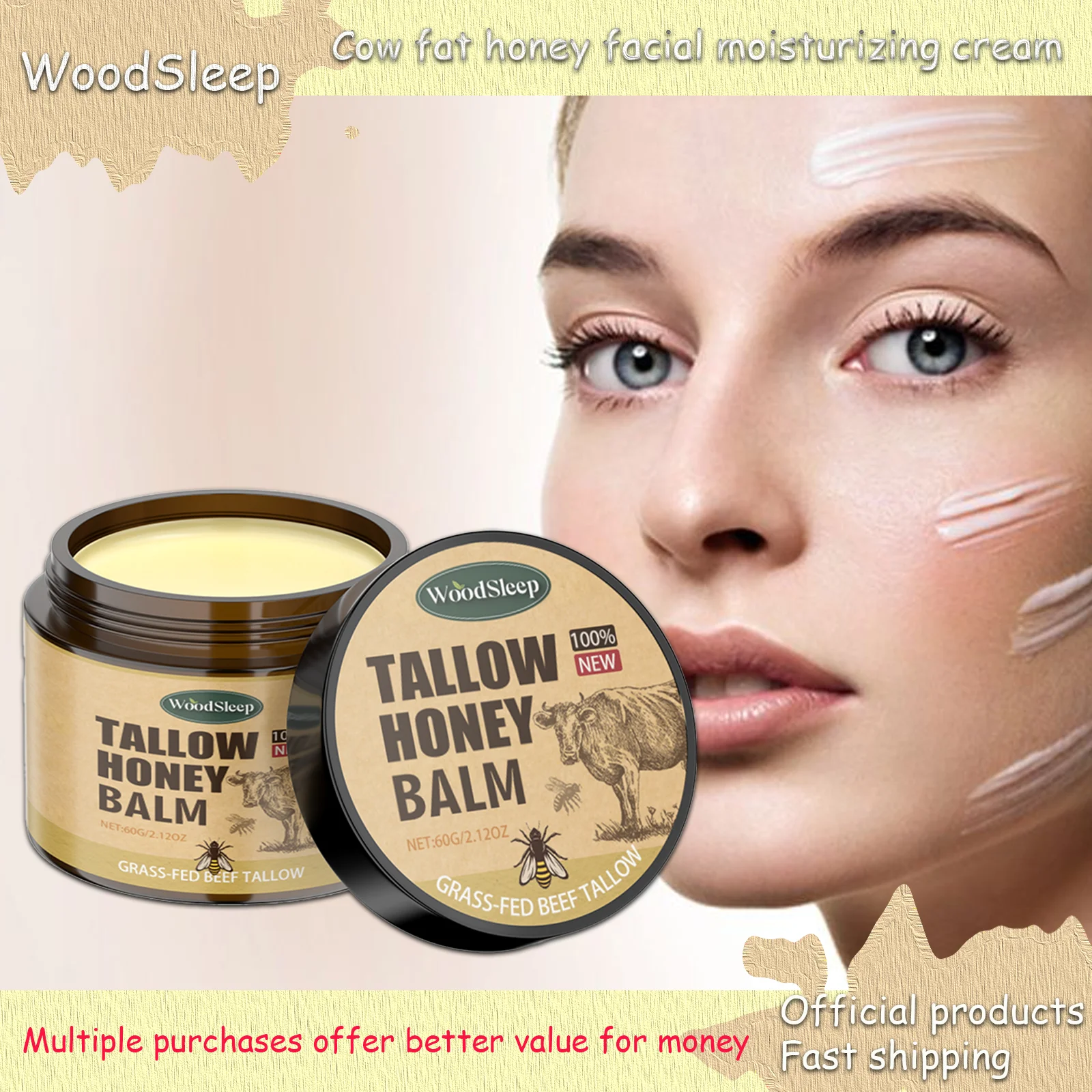 WoodSleep 60g Beef Tallow Honey Face Moisturizer - Intense Hydration for Dry Skin, Anti-Chapping Winter Skincare for Women & Men