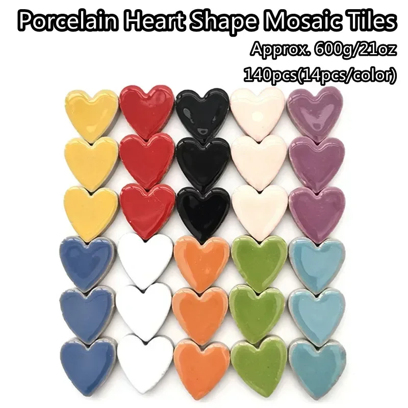 

140pcs(Approx. 600g/21oz) Porcelain Heart Shape Mosaic Tiles 10 Colors*14pcs/color DIY Mosaic Craft Ceramic Tile 2.3*2.3*0.5cm