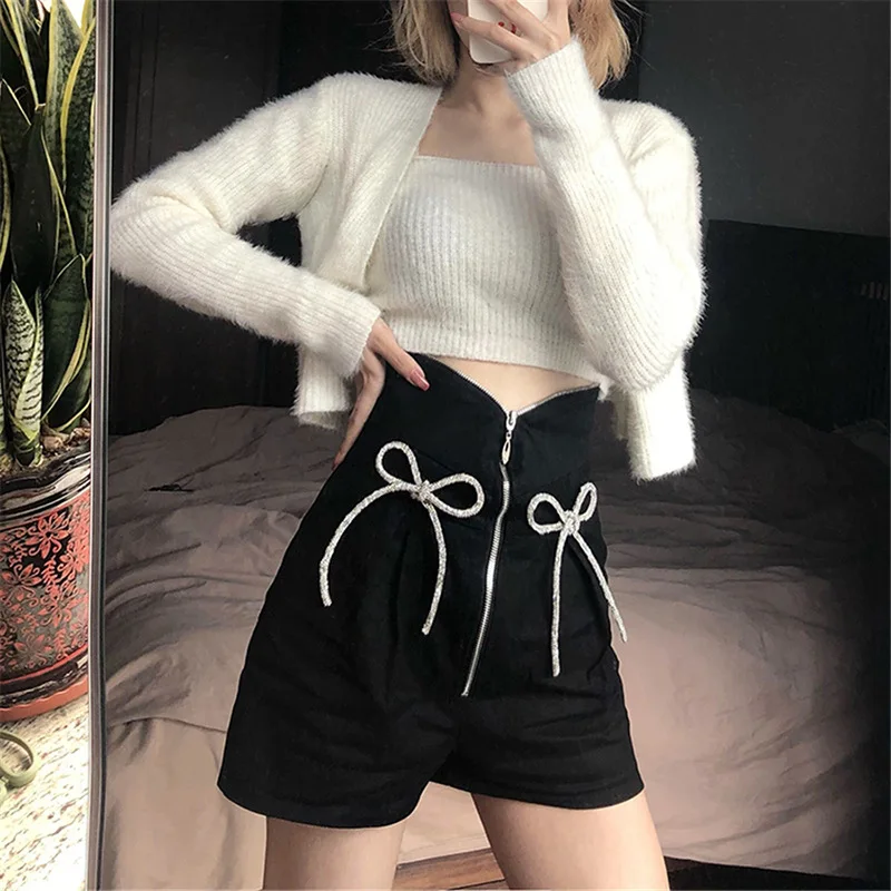 2024 High Waist Bow Bandage Shorts Women Streetwear Casual Zipper Black Bottoms Indie New Fashion Female Summer Solid Shorts y2k
