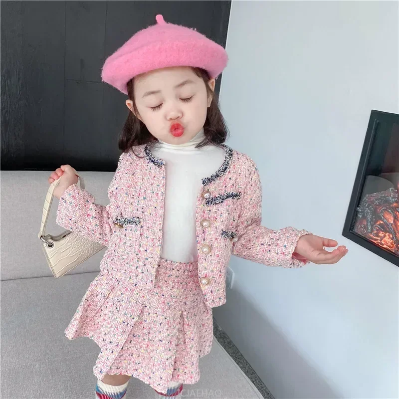 Girls Tweed Sets Clothes Kids Coat and Skirt Two Piece  Children's Boutique Clothing Suit Outfits Baby Toddler Costume Autumn - 5