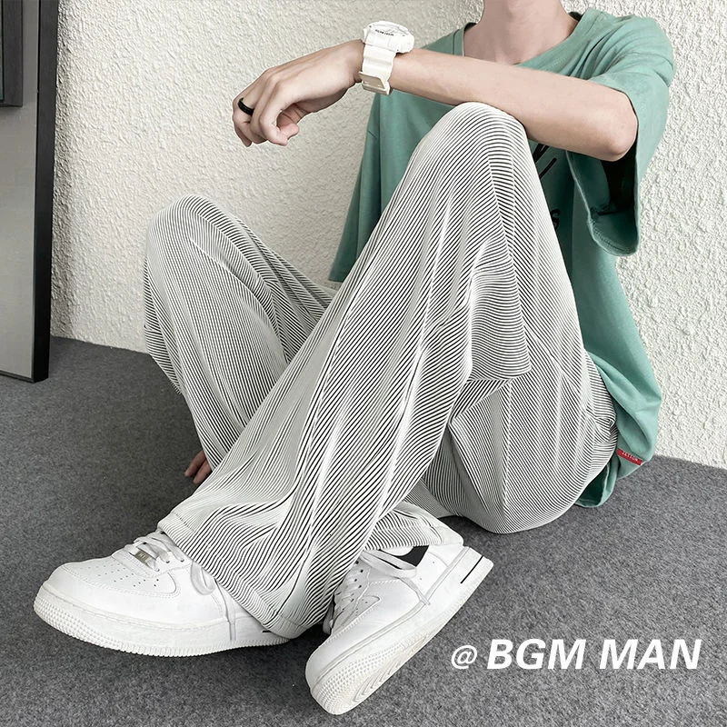

Drawstring Pleated Men's Fashion Casual Straight Men Streetwear Loose Ice Silk Pants Mens Wide-leg Trousers M-5XL