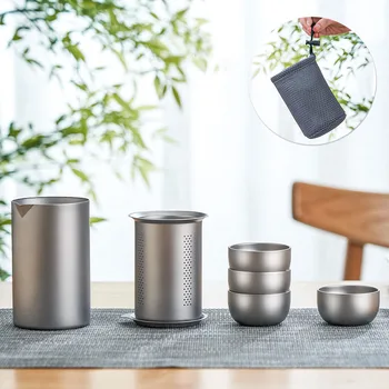 350ml Pure Titanium Travel Tea Set,Double Anti-scalding,Water And Tea Separation,Frosted,Ultra-light Portable Eagle Mouth Teapot