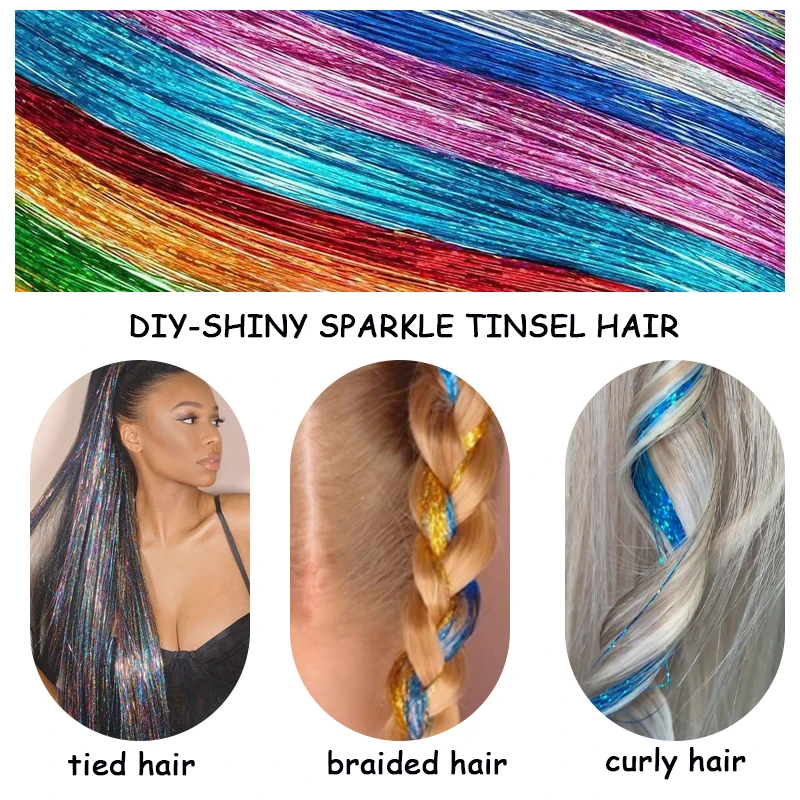 2PCS Synthetic Hair Tinsel Clip in Extensions Colored Sparkle Hair Tinsel Kit with BB Clip for Kids Girls Christmas Party Use