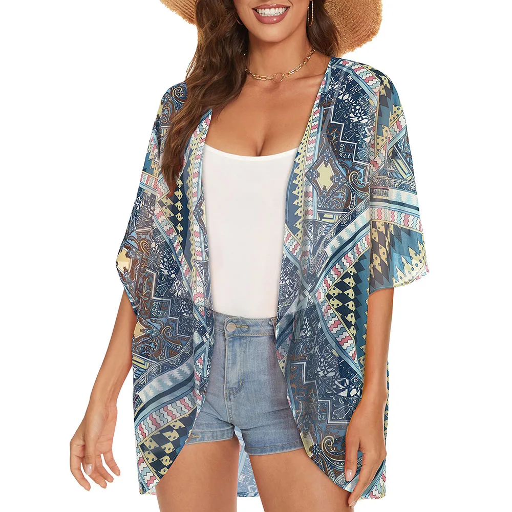 Summer Beach Chiffon Cover Ups Kimono Cardigan Shirt Trendy Breathable Half Sleeved Tops Short Sleeves Beach Swimwear For Female