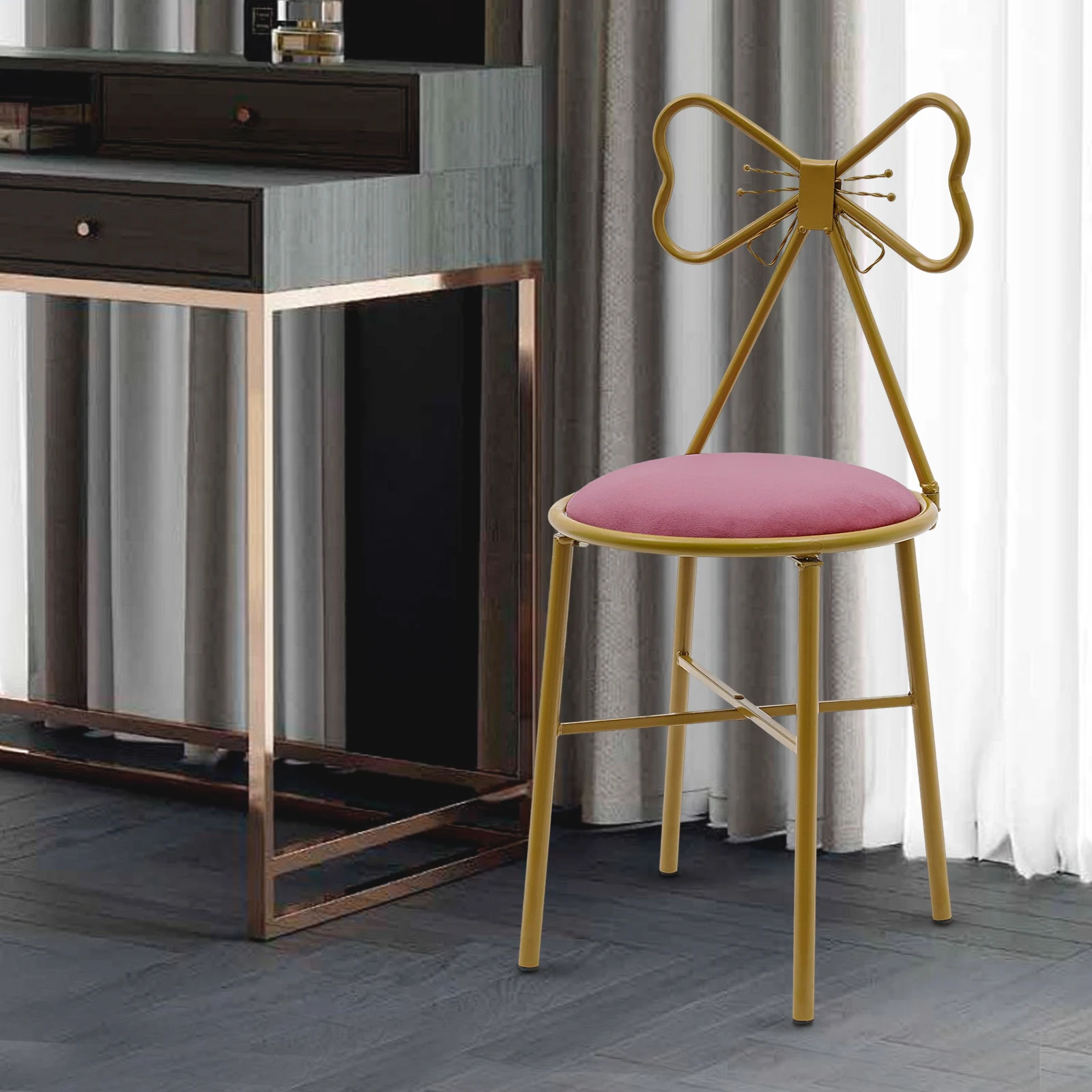 Modern Makeup and Dressing Chairs, Deep Pink Bow Shaped Dressing Chairs, Bedroom Princess Chairs with Bow Shaped Backrests 6