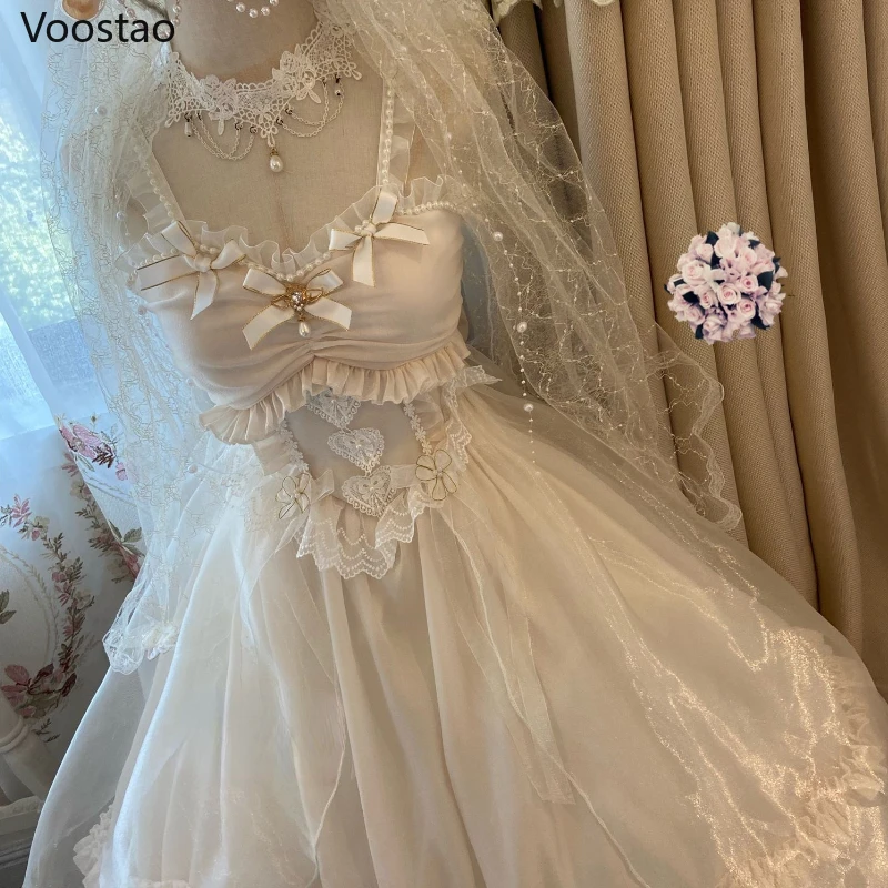 Sweet Lolita Princess Jsk Dress Women Elegant Mesh Lace Pearl Bow Party Wedding Dresses Girly Kawaii Sleeveless Trailing Dress