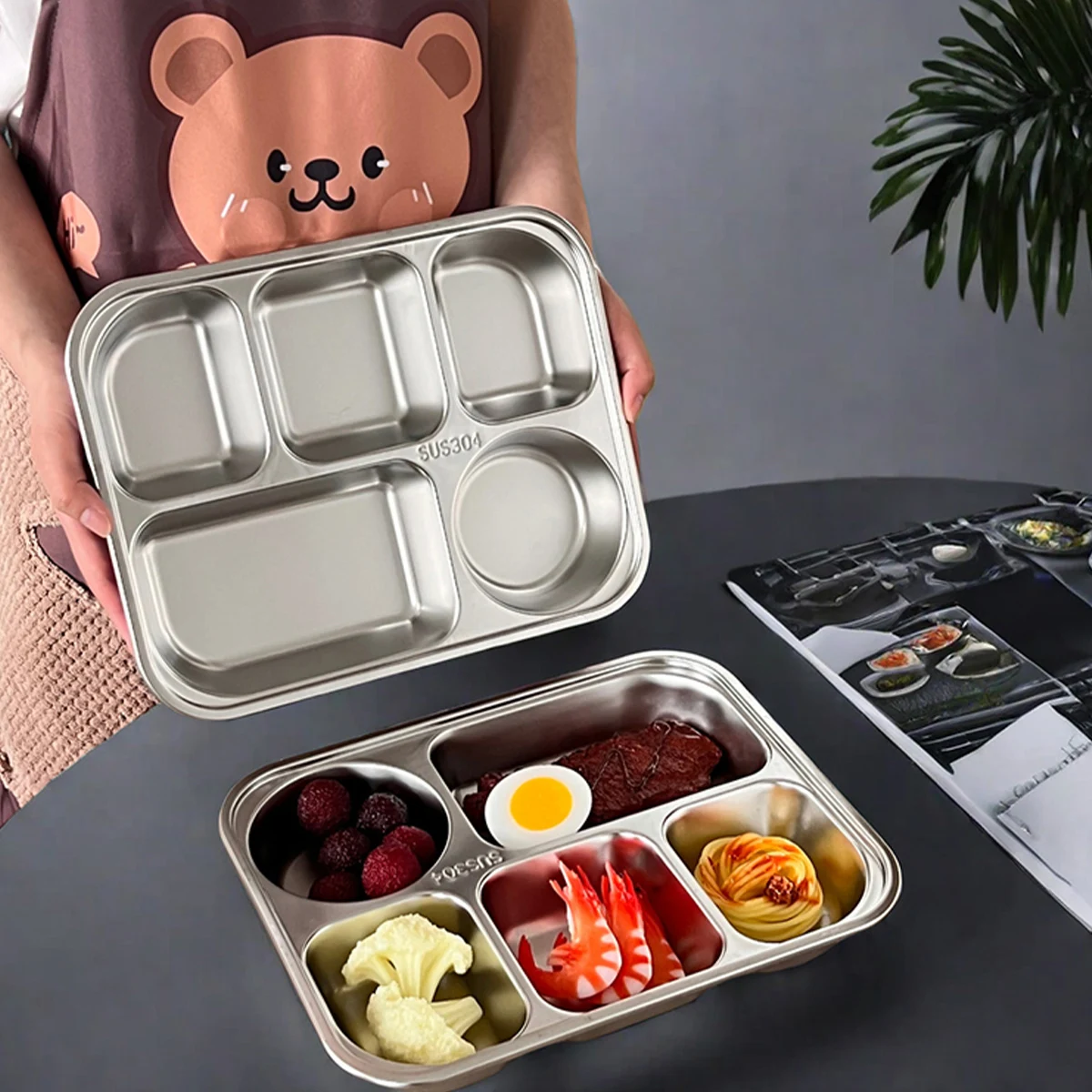 WORTHBUY 4/5-Compartments Dinner Plate For Student 304 Stainless Steel Fast Food Plate Canteen Divided Dinner Tray With Lid