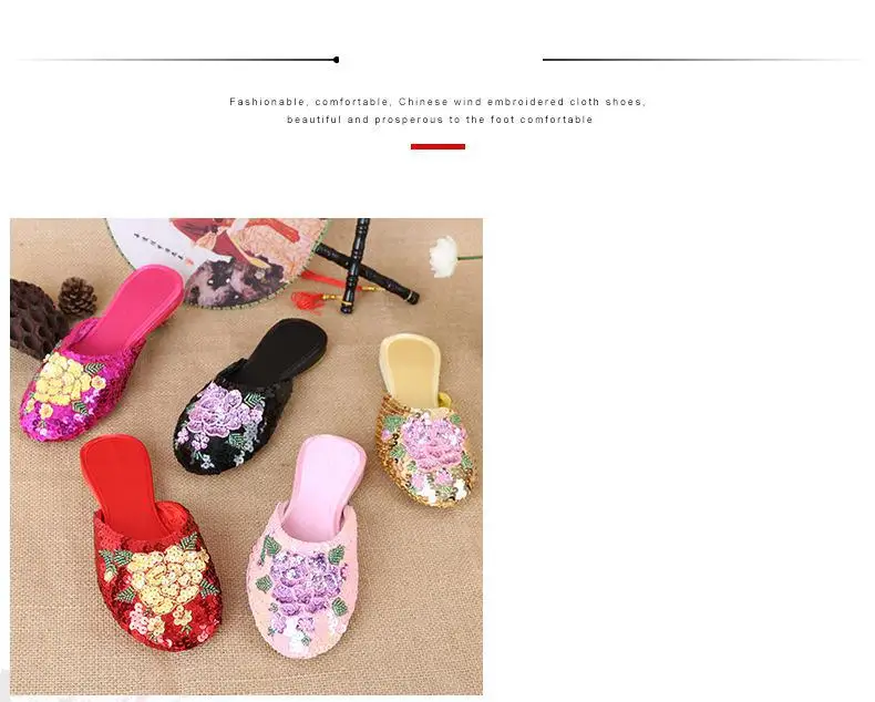 36-40 Women Slippers Sequin Embroider Shoes Summer Silk Fabric Flats Flower Closed Toe Soft Sole Non-slip Chinese Style Footwear