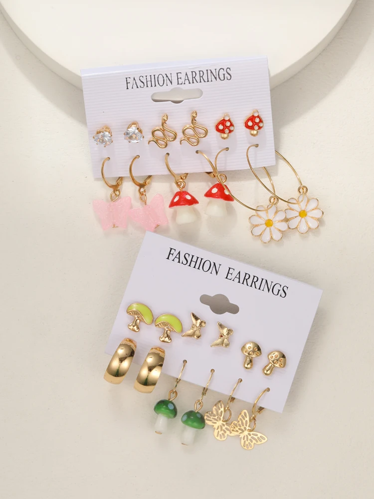 Fashion Gold Color Earrings Set for Women Creative Mushroom Butterfly Hoop Earrings 2024 Boho Geometric Earrings Punk Jewelry