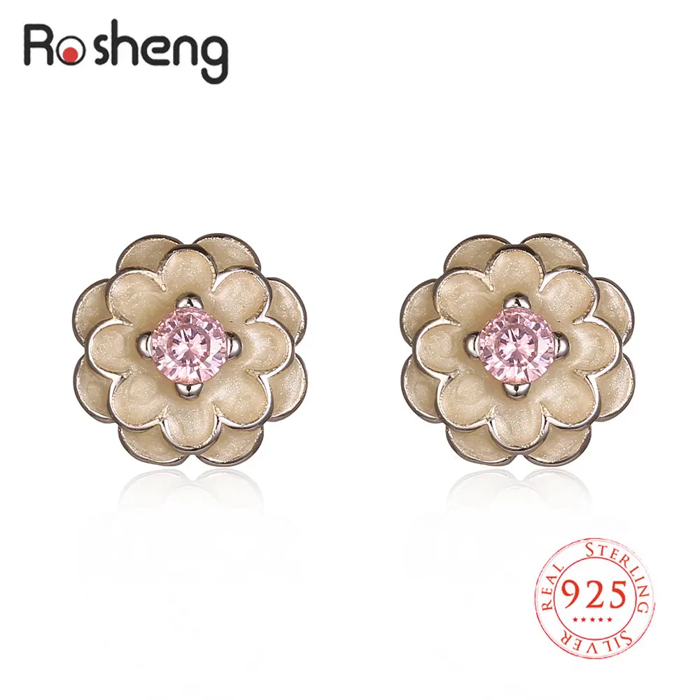 

Rosheng 925 Pure Silver Jewelry Women's Resin Flowers Faux Zircon Studs Earrings Ear Girl Party Epoxy Acrylic Accessories