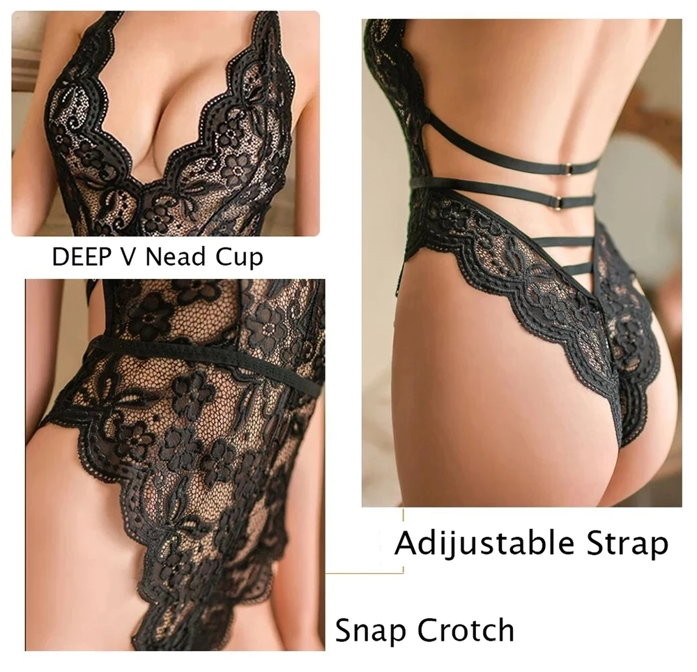 Women Transparent Lace Bodysuit Sexy Lingerie Sleepwear Mesh Lace Floral See-through Teddies Catsuit