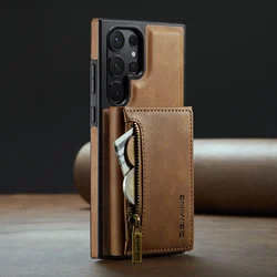 2-in-1 Leather Wallet Case with Magnetic Kickstand and Wireless Charging Capability for Samsung S24 Plus (Samsung Brown)
