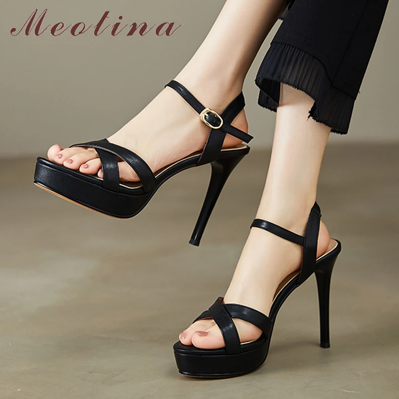 

Meotina Women Genuine Leather Round Toe Platform Thin High Heel Sandals Buckle Ladies Fashion Party Shoes Summer Black Apricot
