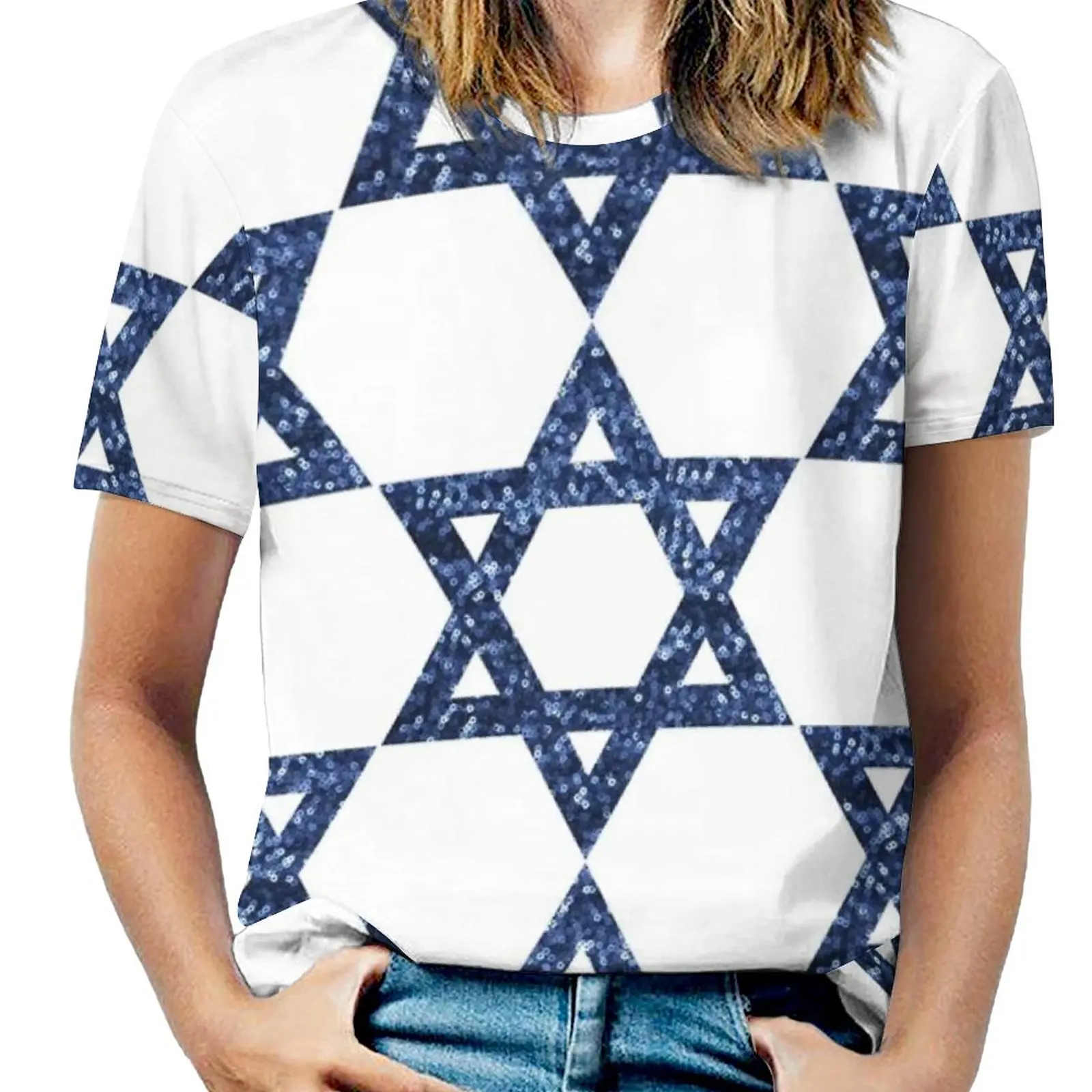 

Sequin Print Star Of David Women T-Shirt Crewneck Casual Short Sleeve Tops Summer Tees Sequin Star Of David Glitter Star Of