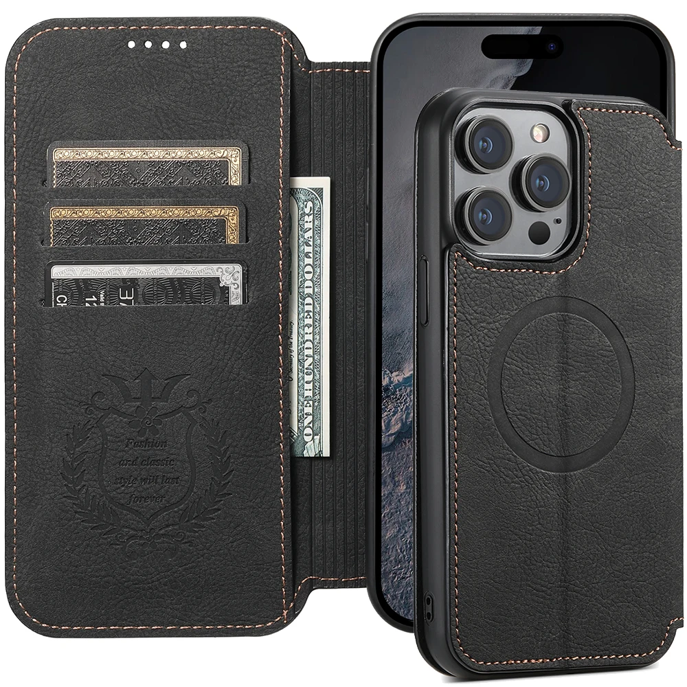 SUTENI Wireless Charging Leather Flip Cover Wallet Phone Case with Card Holder