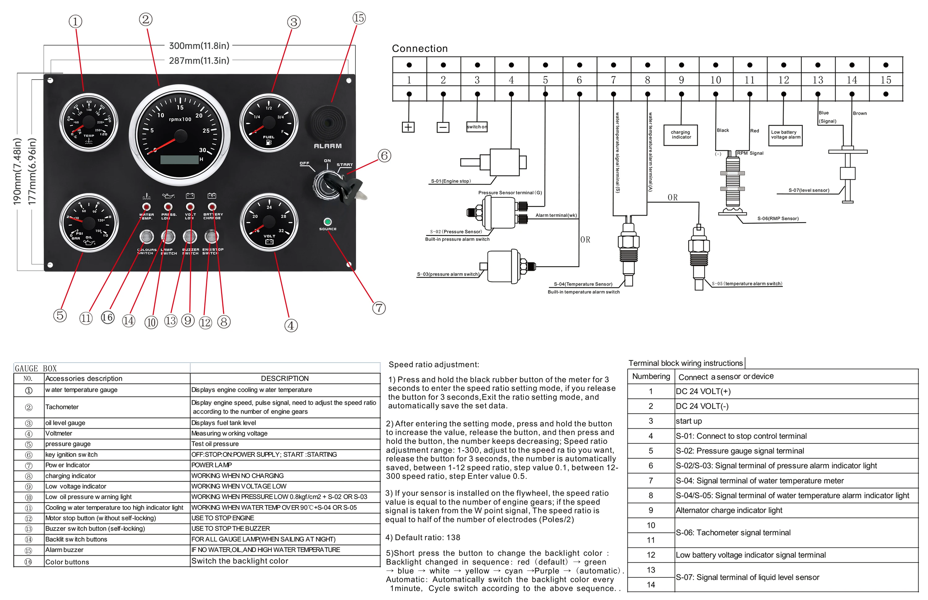 Boot Dashboard 12V Schakelpaneel Boot Motor Water Temperatuur + Olie Druk + Voltage + 3000Rpm-8000rpm Toerenteller 7-Kleuren Achtergrondverlichting