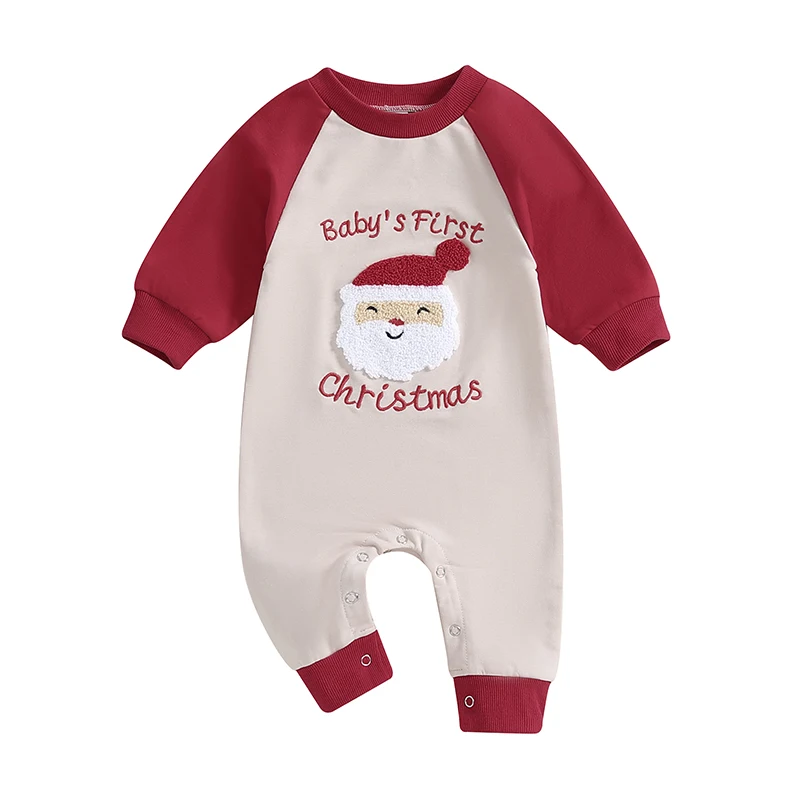 Baby Girls Boys Sweatshirts Rompers Christmas Clothes Santa Embroidered Contrast Color Long Sleeve Toddler Fall Bodysuits