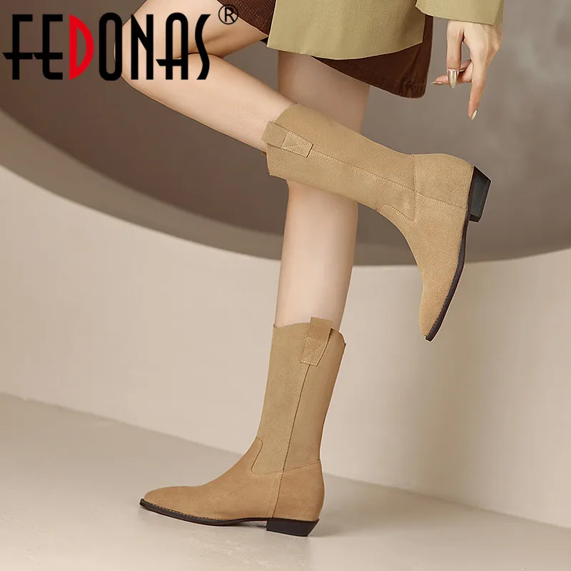 Fedonas New Arrival Women Midcalf Boots Cow Suede Leather Low Heels Pointed Toe Retro Casual