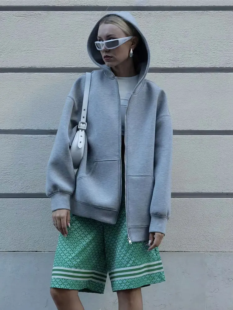 HH Spring Autumn New Casual Street Loose Oversize Sweatshirts Hooded Zipper Hoodie Jacket Coat Solid Women's Cardigan Top