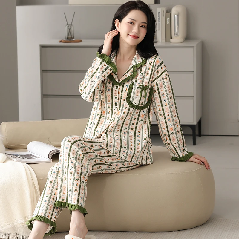 Autumn / Winter New 100% Cotton Long-sleeved Trousers Ladies Pajamas Suit 4XL Plus Size Long Sleepwear Women's Home Nightwear