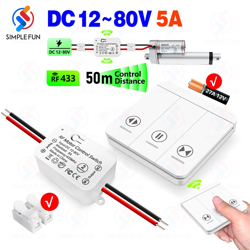 Interruptor de Controle Remoto sem Fio Atuador Linear Interruptor de Parede para Motor dc Cortina 12v 24v 48v 80v 50m Receptor 433mhz