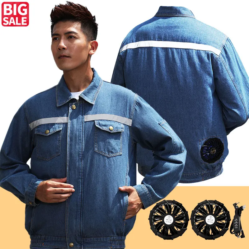 Summer Welder Denim Air Conditioning Clothes Fan Clothes Flame Retardant Fan Jacket Body Cooling Clothes Vest Fan Work Clothes anti scalding hat work cap protective welding hat flame retardant fire resistant head bandana type labor insurance welder