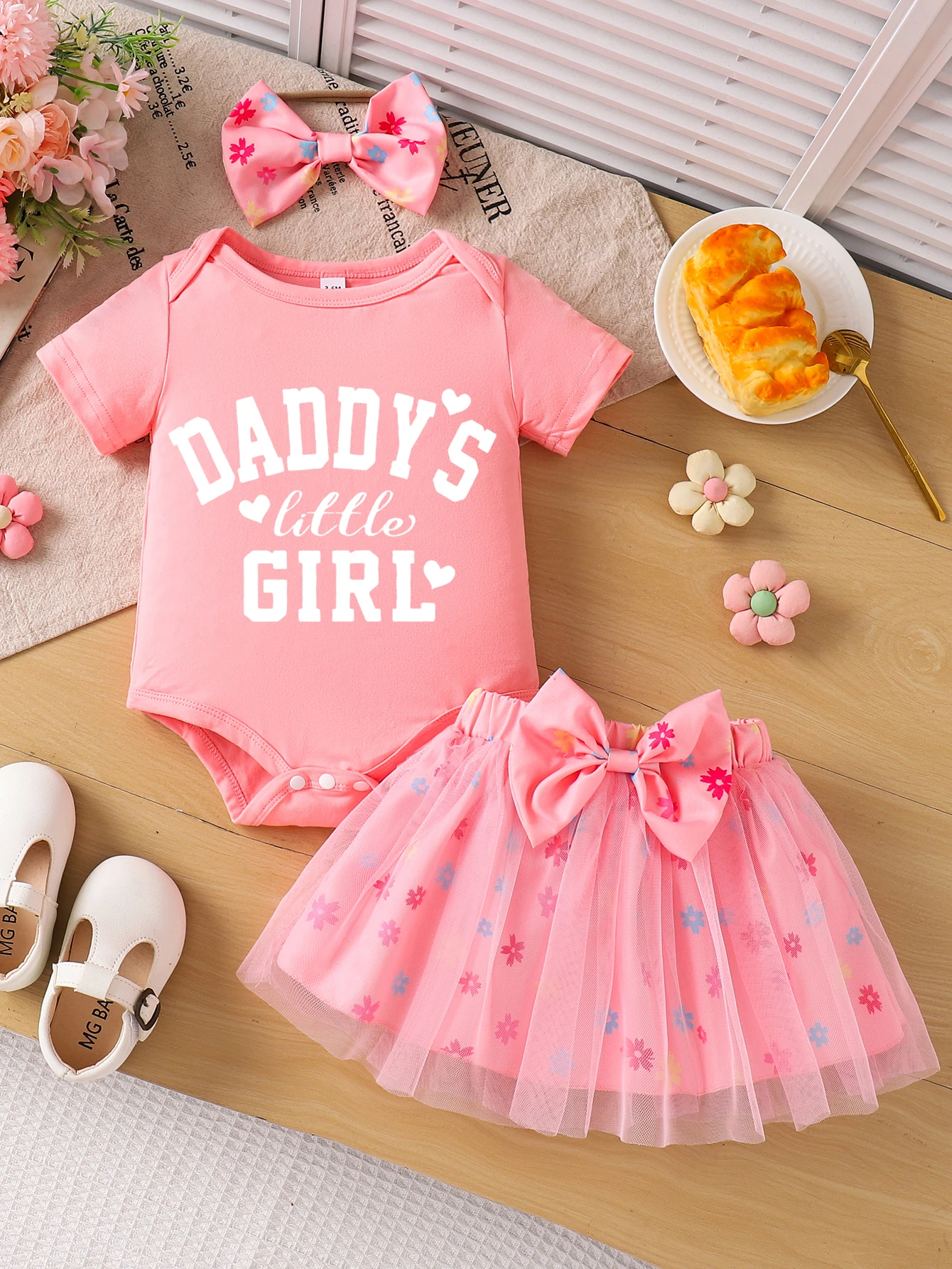 Children Eden 0-3yrs old Newborn Baby Daddy's Little Girl Short Sleeve Romper Floral Skirt Headband 3pcs Outfits Sets Casual Inf 1