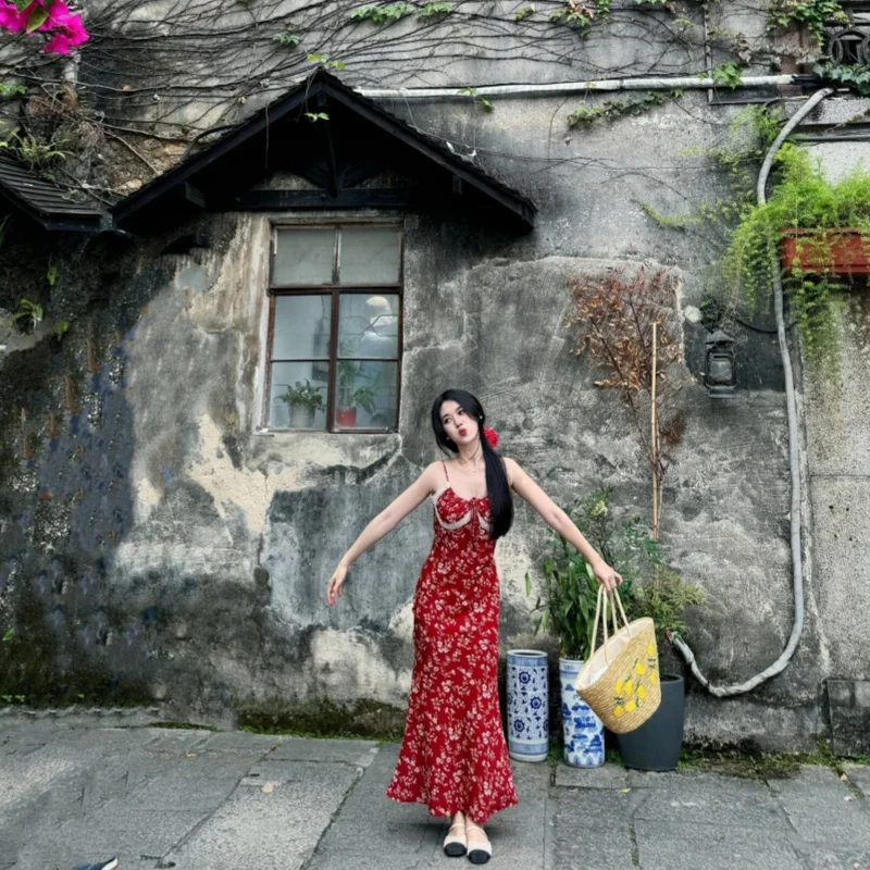 빈티지 꽃 탱크 드레스 여성의 섹시한 우아한 롱 비치 드레스 여름 허리 장착 Bodycon 스커트 레드 컬러 레트로 