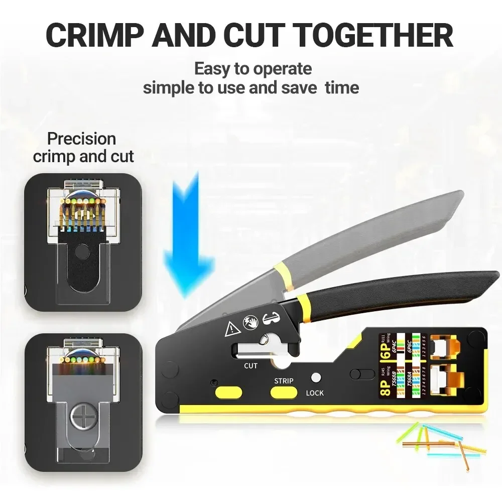 Network Crimper EZ-Type RJ45 3-in-1 Crimp/Cut/Strip Lan CAT8/7/6A/6/5E (STP/UTP) & RJ11/12 Tel Modular Cable (AM-6088)