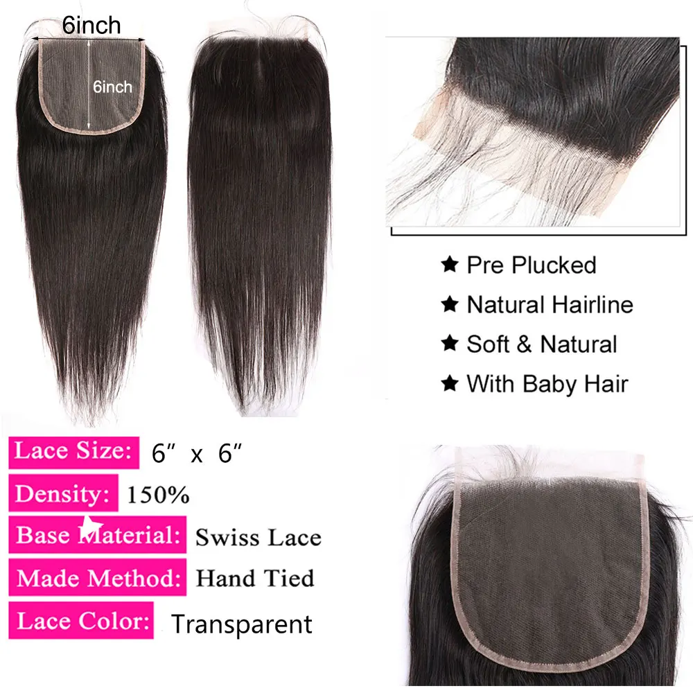4x4 5x5 6x6 13x4 Lace Frontal Closure Straight Human Hair Transparent For Woman human hair lace closure