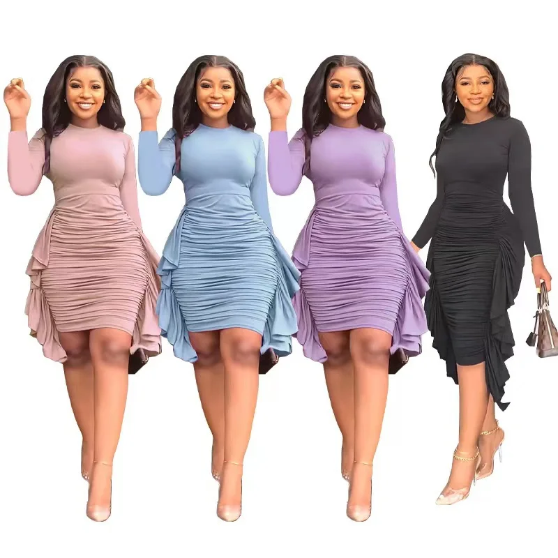 

O Neck Sexy Short Dress Pure Skinny Mini Dresses 2023 Hot Sale Solid Color Irregular Ruffles Slim Pleated Dress Summer