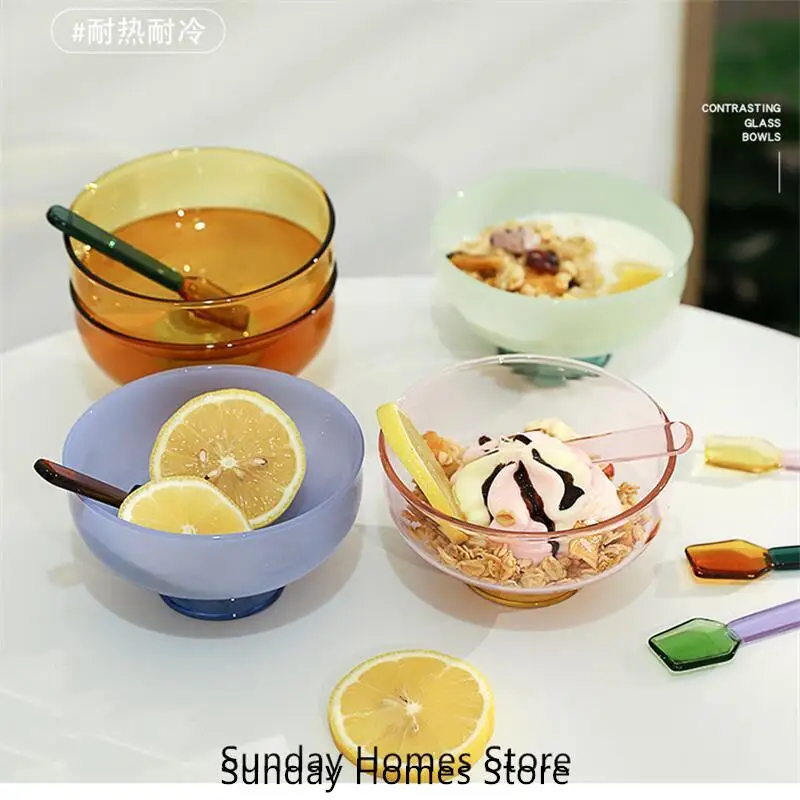 Icecream Glass Bowl Spoon Suit Dessert Salad  Yoghurt Bowl Tableware Soup Bowl Heat Resistant GlassMicrowave Oven Bakware
