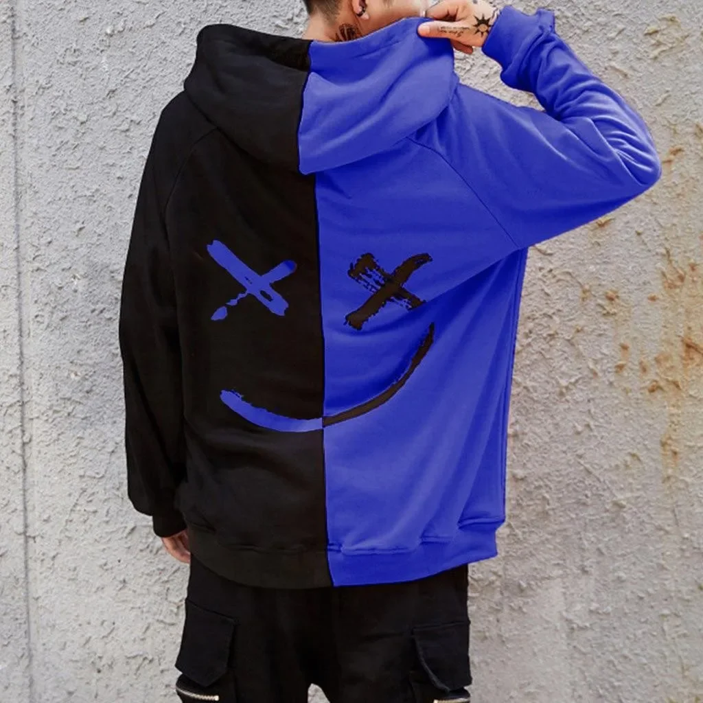 Men's Casual Fashion Color Block Smiley Face Long Sleeve Sweatshirt Sport Hooded Top From China Mainland Baseball Sport Shirt