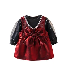 Robe de printemps pour filles, t shirt à manches en dentelle + robe rouge sans manches, costume 2 pièces, Version coréenne, vêtements pour enfants, robes de fête
