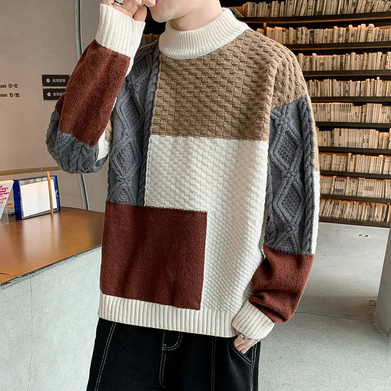 

Autumn Winter Men's Half High Necked Loose Sweater Color Matching Knitted Sweater Casual Warm Bottoming Shirt