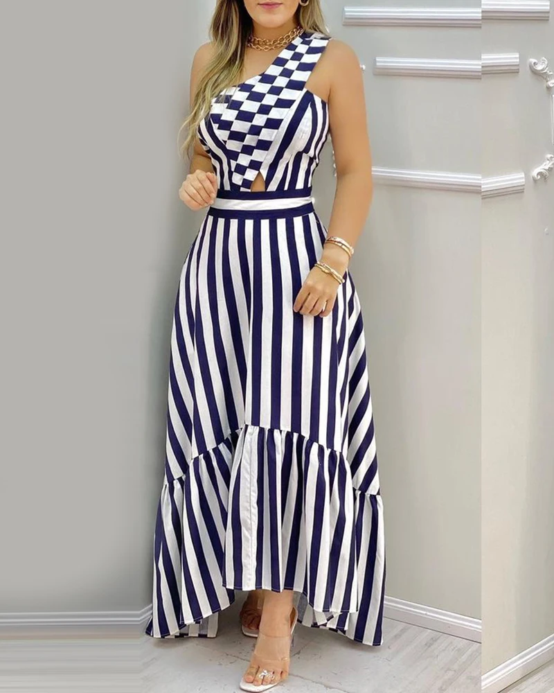 

Summer Women Fashion One Shoulder Striped Colorblock Sleeveless Asymmetric High Waist Casual Office Maxi Dresses